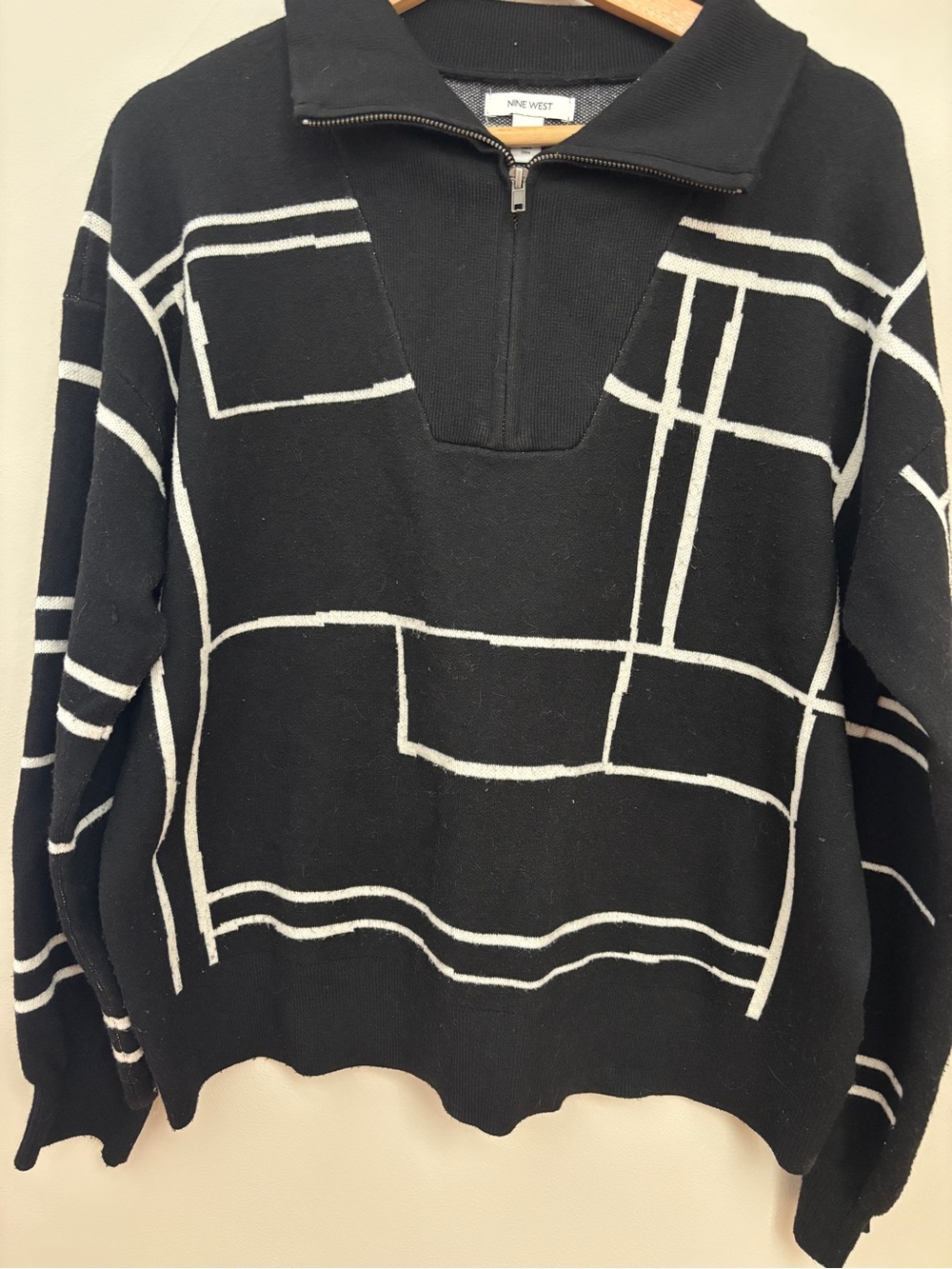 Nine West Black and White Geometric Half-Zip Turtleneck Sweater